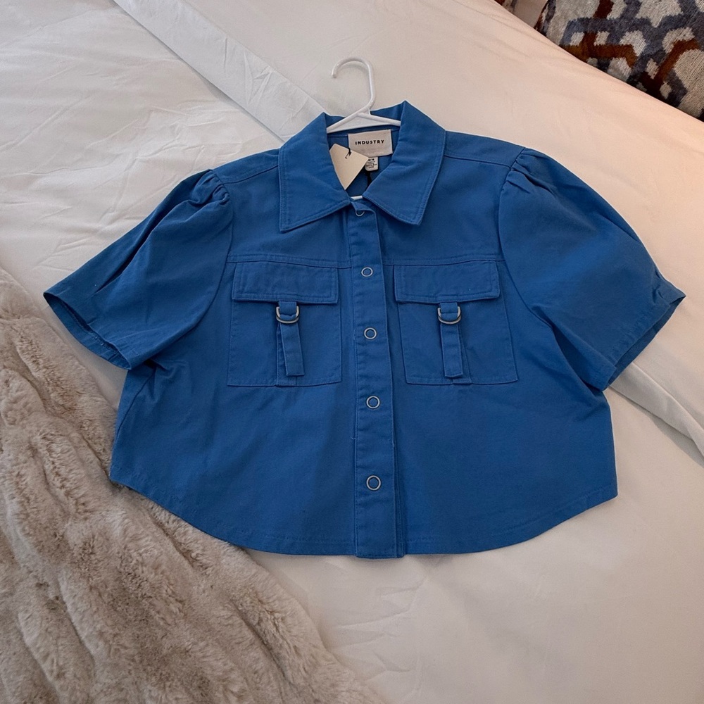Industry Blue Cropped Blouse with Collar NEW